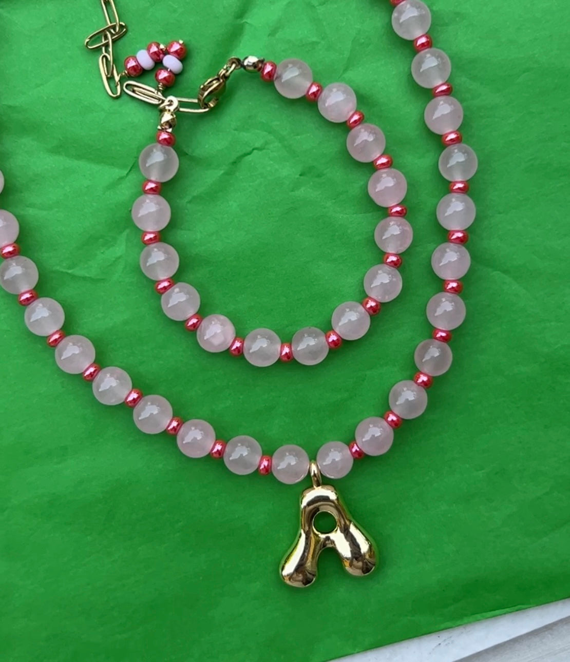 Initial Necklace - Pink Jade
