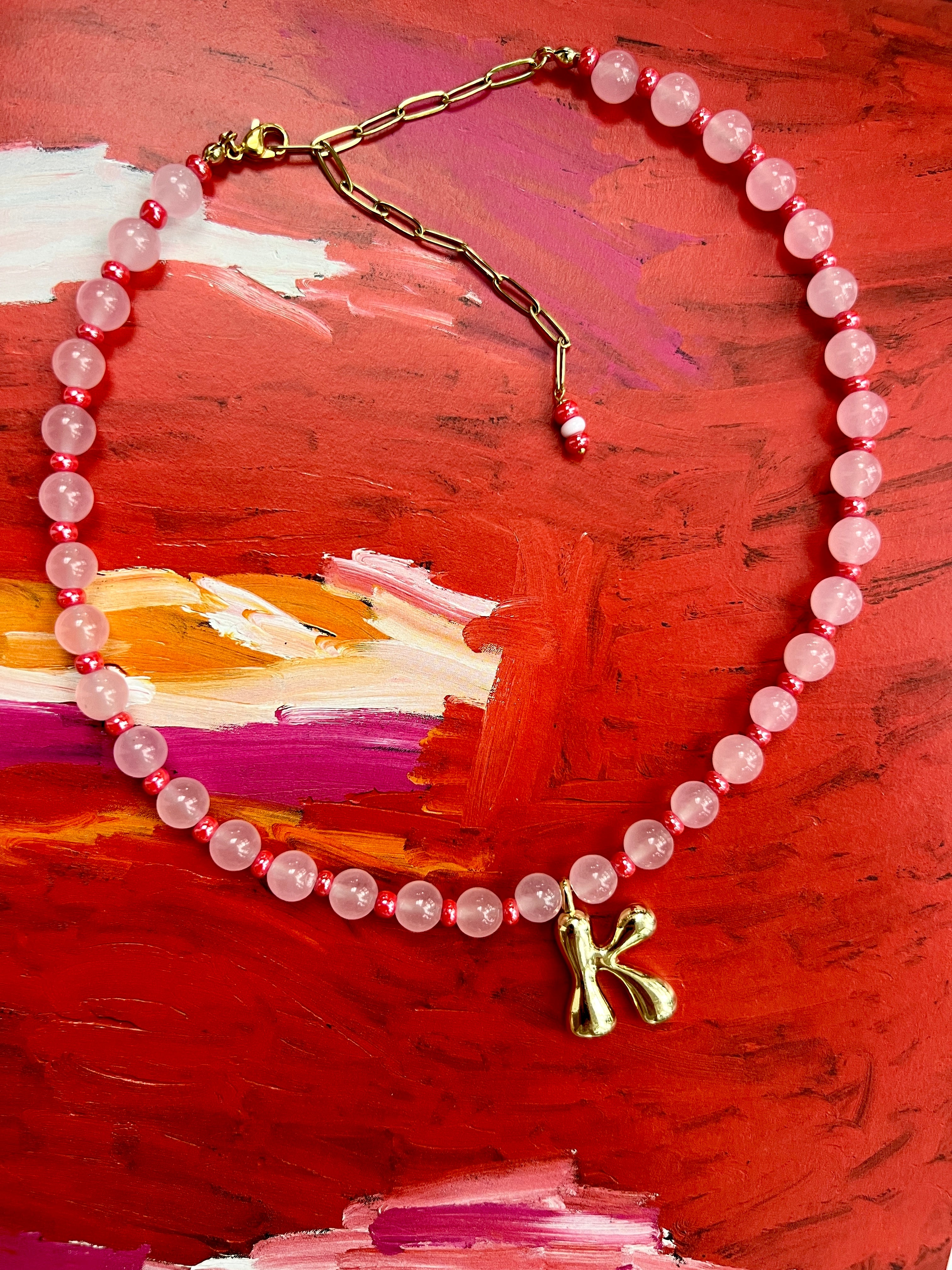 Initial Necklace - Pink Jade