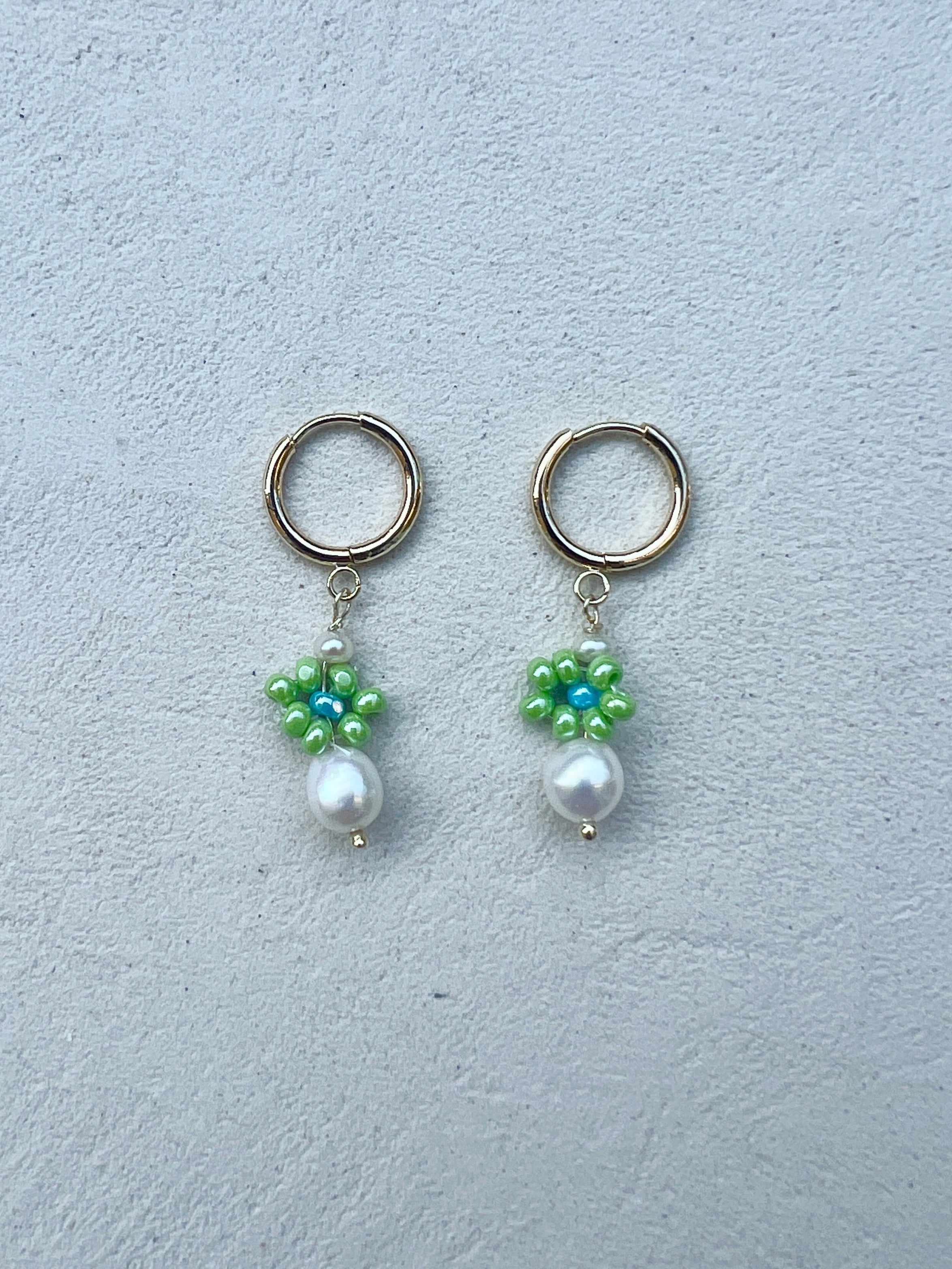 Pearl and Green Flower Earrings
