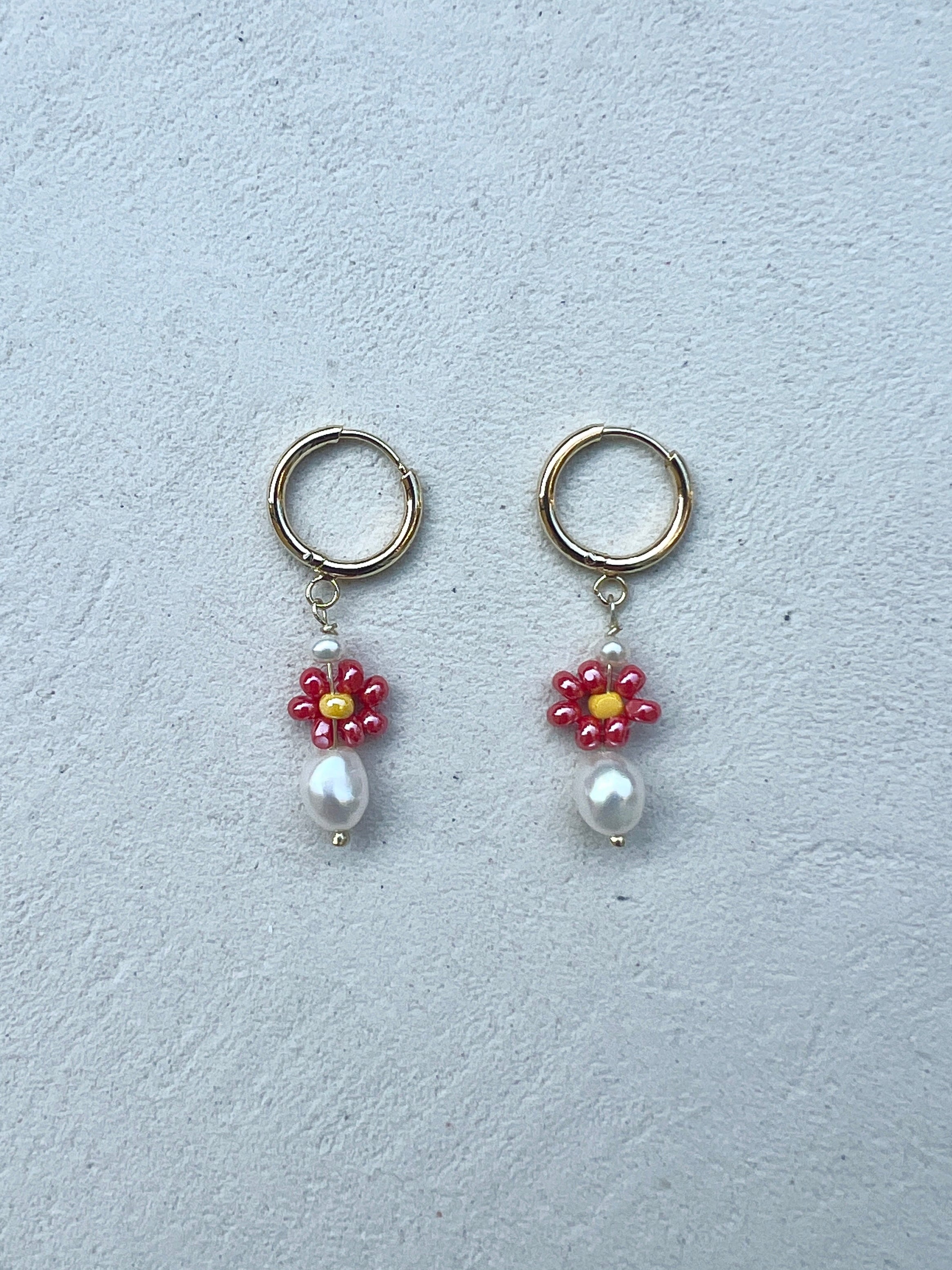 Pearl and Red Flower Earrings
